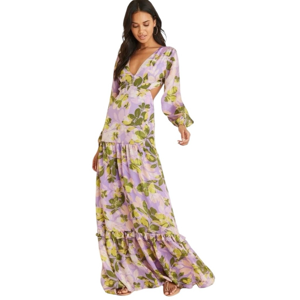 Venus Purple Floral Long‎ Sleeve Side Cut Outs Maxi Dress Womens 4